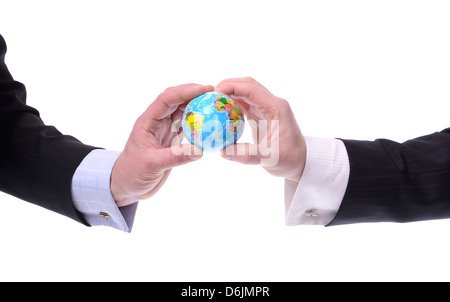 two businessmen holding a globe, concept of global communications isolated on white Stock Photo