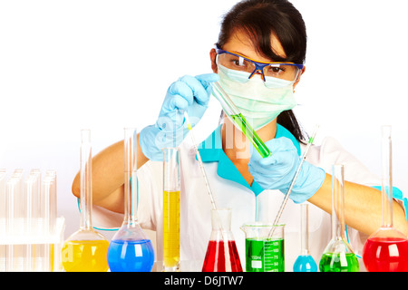 Young scientist in laboratory with test tubes Stock Photo