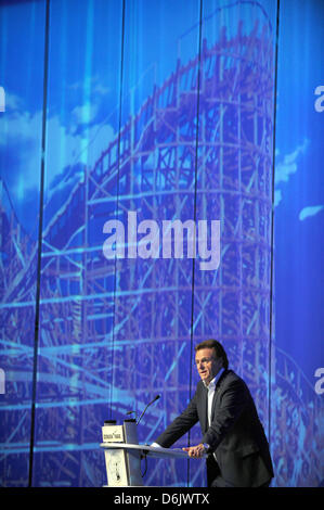 Roland Mack, managing director of Europapark, talks at the press conference for the opening of this year's season at Europapark in Rust, Germany, 28 March 2012. The park, which opens for the summer season on 31 March 2012, is counting on a marked increase in visitors and revenues this year. Photo: PATRICK SEEGER Stock Photo