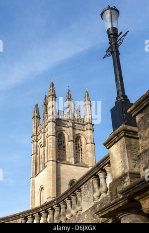 The Great Tower of Magdalen College with typical archaic lampost in foreground, Oxford, Oxfordshire, England, UK Stock Photo