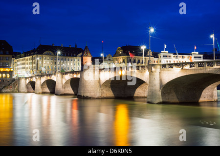 Illuminated city of Basel with river Rhine in foreground, Basel ...