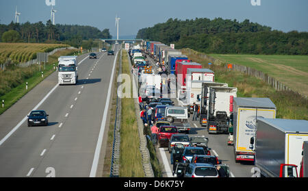 After a heavy rear-end collision cars are stuck in traffic on the Autobahn A12 near Frankfurt (Oder), Germany, 10 September 2012. The driver was killed in the accident, his co-driver severely injured. According to the police, five trucks and two cars were involved in the crash. Photo: PATRICK PLEUL Stock Photo
