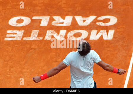 MONTE CARLO, MONACO. APRIL 19th 2013.  Rafael Nadal of Spain celebrates his win during the quarter final match against  Grigor Dimitrov of Bulgaria (not pictured) on day five of the ATP Monte Carlo Masters, at Monte-Carlo Sporting Club on April 19, 2013 in Monte-Carlo, Monaco. (Photo by Mitchell Gunn/ESPA/Alamy Live News) Stock Photo