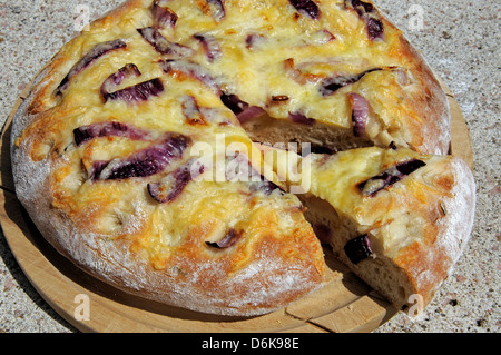 Italian Cheese and red onion Focaccia bread. Stock Photo