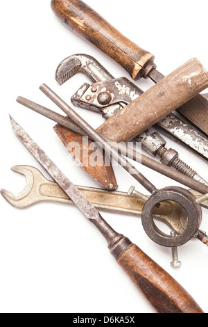 old metal work hand tools with rust on white background Stock Photo