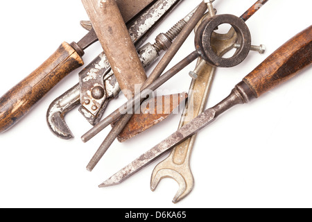 old metal work hand tools with rust on white background Stock Photo