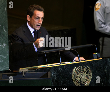 French President Nicolas Sarkozy delivers an address at the United Nations General Assembly at UN headquarters on September 21, Stock Photo