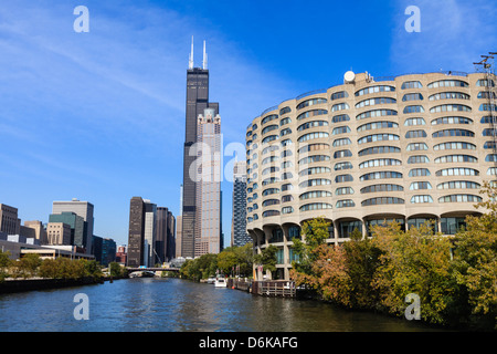 The south branch of the Chicago River, Willis Tower, formerly Sears Tower, in the centre, Chicago, Illinois, USA Stock Photo