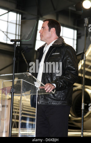 John Travolta at the Bombardier Aircraft Event announcing John Travolta as the Spokesperson for Bombardier at Hanger 25 at Stock Photo