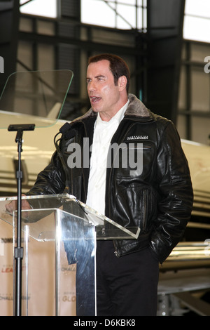 John Travolta at the Bombardier Aircraft Event announcing John Travolta as the Spokesperson for Bombardier at Hanger 25 at Stock Photo