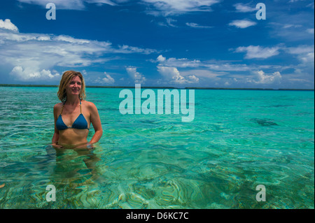 Tourist in the incredible blue waters of the Ant Atoll, Pohnpei, Micronesia, Pacific Stock Photo