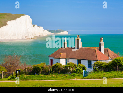 The Seven Sisters cliffs behind  the coastguard cottages on the South Downs Way, South Downs National Park, East Sussex, England, UK, GB, Europe Stock Photo