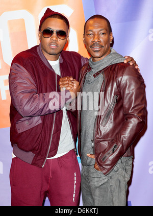 Nas aka Nasir bin Olu Dara Jones and Eddie Murphy appearing together on BET's '106 & Park' New York City, USA - 24.10.11 Stock Photo