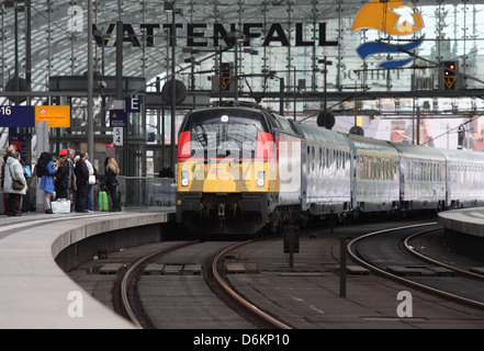 train arriving in Germany colors on the occasion of the press conference, the new train connection from Berlin to Gdansk Stock Photo