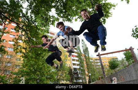Potsdam, Germany, parkour athlete practicing in a high-rise estate Potsdamer Stock Photo