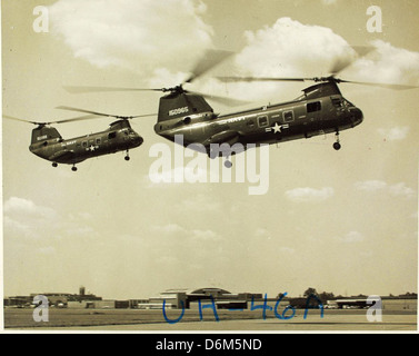 Two UH-46A BuNo's 150965 and 150966 in flight over runway NHHS Photo Stock Photo