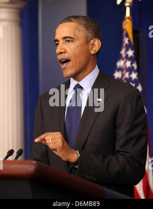 Washington DC, USA. 19th April, 2013. United States President Barack Obama makes a statement from the White House on the capture of the 2nd suspect in the Boston Marathon bombing incident, in Washington, Friday, April 19, 2013..Credit: Martin Simon / Pool via CNP Stock Photo
