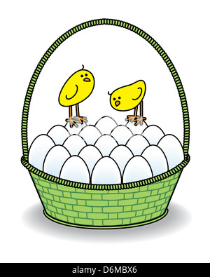 Illustration of Two Cute Chicks in a Green Basket full of White Eggs on White Background Stock Photo