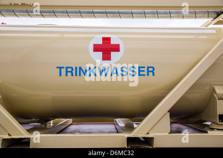 Tank for sweet water, drinking water, emergency, relief unit of the Red Cross. Based on a truck. Stock Photo