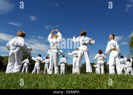 Emstal, Germany, children in a Taekwondo course in nature Stock Photo