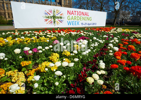 National Gardening Week banner in Victoria Tower Gardens outside the Houses of Parliament Westminster London UK Stock Photo