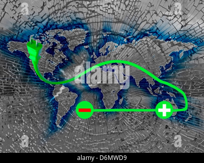 Symbol of the electric cars on Broken Glass, World Map, Concept Stock Photo