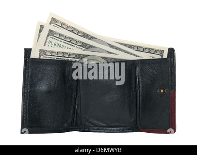 Hundred dollar bills in a black wallet, isolated on white background. Stock Photo