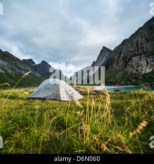 Tent camping at Horseid beach, Lofoten Islands, Norway Stock Photo