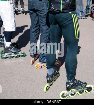 Members of Easy Saturday Skate rollerskating club attend briefing in Battersea Park, London Stock Photo