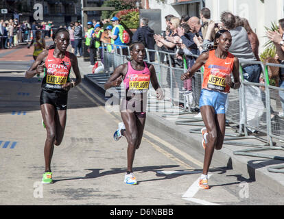 London, UK. 21st April, 2013. London Virgin Marathon 2013 - 16th mile, winner Pricsah Jeptoo (KEN), second Edna Kiplagat (KEN) and 6th Florence Kiplagat (KEN) Stock Photo