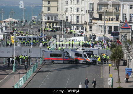 Brighton Sussex. 21st April, 2013. Hundreds of police officers and associated vehicles are used to close off roads and control protesters ahead of far right nationalist group March for England's St. George's Day march in Brighton. The march is vehemently opposed by anti fascist groups and locals who claim the event is just a front for neo nazis to parade through the town. Credit: Martyn Wheatley/Alamy Live News Stock Photo