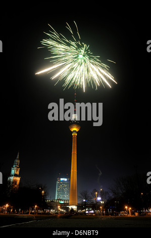 Berlin, Germany, on New Years Eve fireworks at Alexanderplatz in Berlin Stock Photo