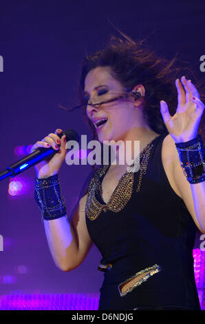 Barcelona, Spain - 20th april. Pop singer & spanish tv celebrity Maú performs in La Farga venue of L'Hospitalet de Llobregat, near Barcelona, during Spring Party. Stock Photo