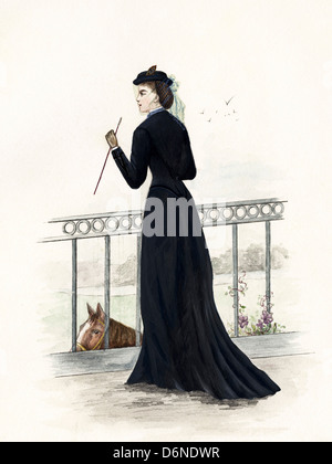 French fashion from the Victorian era dated 1873. Original watercolour painting artist unknown Stock Photo