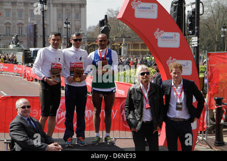 London, UK. 21st April, 2013. IPC World Cup men T44 - T46 winners Jose Antonio Castilla, Alessandro Di Lello and Ozivam Bonfin with Paralympics president Sir Phillip Craven, Sir Richard Branson and Prince Harry at the presentation for the Virgin London Marathon 2013 Credit: Elsie Kibue/Alamy Live News Stock Photo