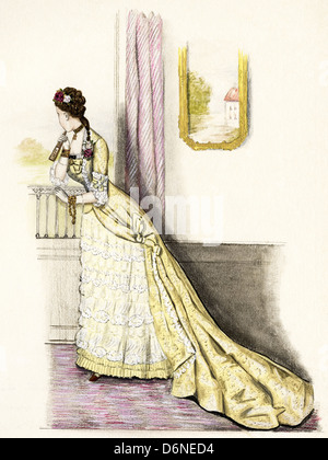 French fashion from the Victorian era dated 1877. Original watercolour painting artist unknown Stock Photo