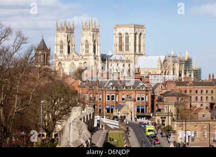 York Minster cathedral seen from the old city walls on a spring day, York, Yorkshire, UK Stock Photo