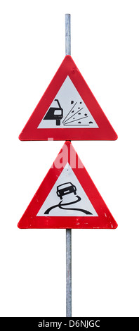 Traffic signs for loose chippings and slippery road against white background Stock Photo