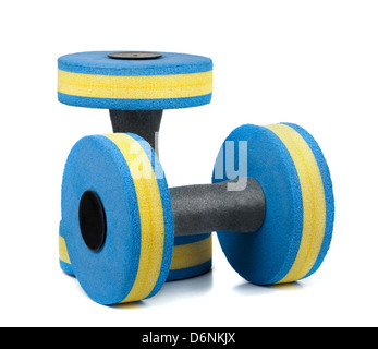 Two pastic dumbbells for water aerobics isolated on white Stock Photo