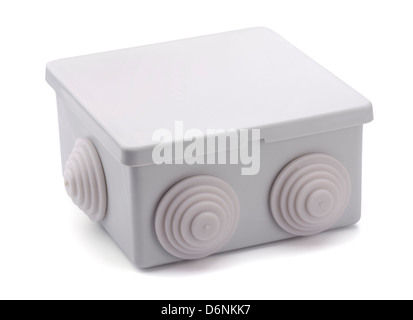 Grey plastic electrical junction box isolated on white Stock Photo