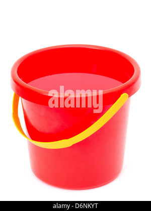 plastic red bucket with water, isolated on white Stock Photo