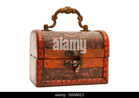 wooden box with handle isolated on white Stock Photo