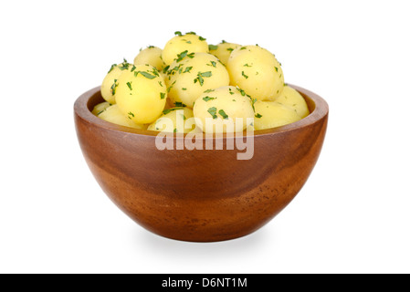 Potatoes garnished with parsley, Mini potatoes yellow fleshed Stock Photo