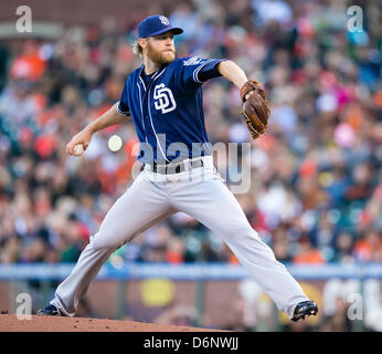 San Francisco, USA. 21st April, 2013. San Diego Padres relief pitcher Andrew Cashner (34) in action during the MLB baseball game between the Colorado Rockies and the San Francisco Giants at AT&T Park in San Francisco CA. The Giants defeated the Padres 2-0. Stock Photo