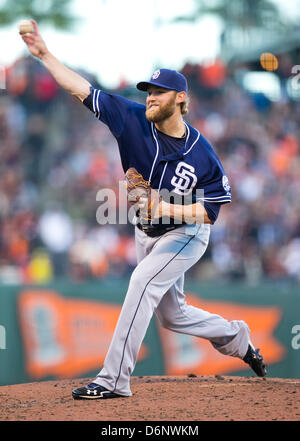 San Francisco, USA. 21st April, 2013. San Diego Padres relief pitcher Andrew Cashner (34) in action during the MLB baseball game between the Colorado Rockies and the San Francisco Giants at AT&T Park in San Francisco CA. The Giants defeated the Padres 2-0. Stock Photo