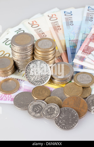 Berlin, Germany, Euro notes, Euromuenzen and former franc coins Stock Photo