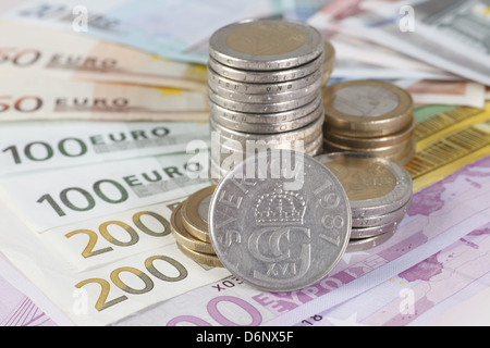 Berlin, Germany, Euro notes, Euromuenzen and a Swedish-crown coin Stock Photo