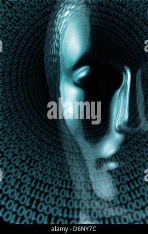 futuristic science theme showing a translucent reflective human head made of glass and lots of spiral binary code in black back Stock Photo