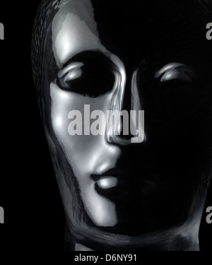 translucent reflective human head made of glass in black back Stock Photo