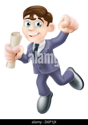 A happy man in business suit with certificate, qualification or other scroll jumping for with fist clenched. Learning concept. Stock Photo